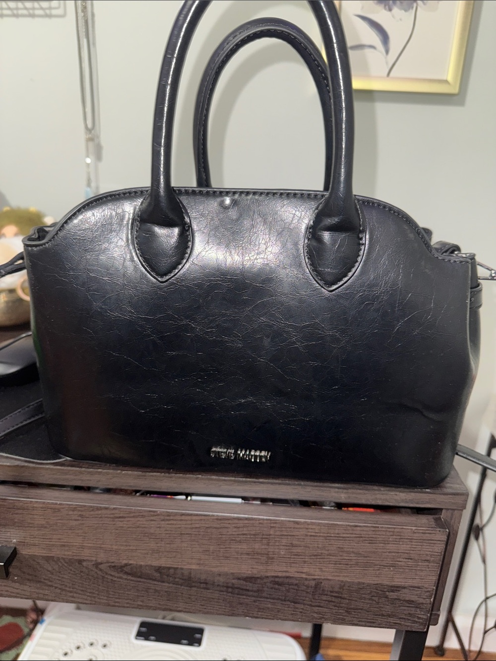 Steve Madden Black Satchel with Gold Padlock Charm ✨distressed leather look✨ - Picture 4 of 4